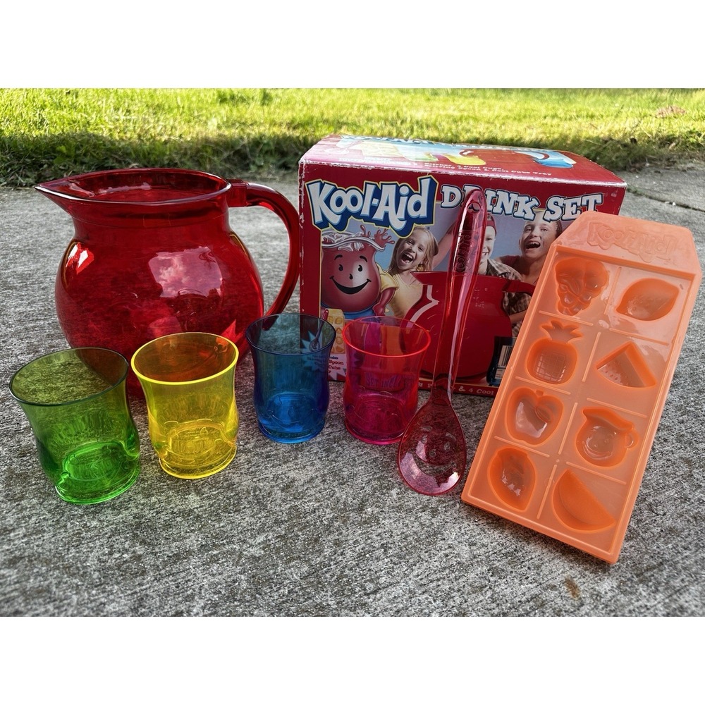 Kool-Aid Drink Set Rare 1990 Pitcher 4 Cup Ice Tray Spoon Multi Color NEW in Box